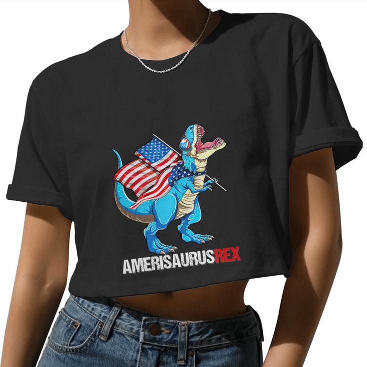 American Flag 4Th Of July T Rex Dinosaur Women Cropped T-shirt