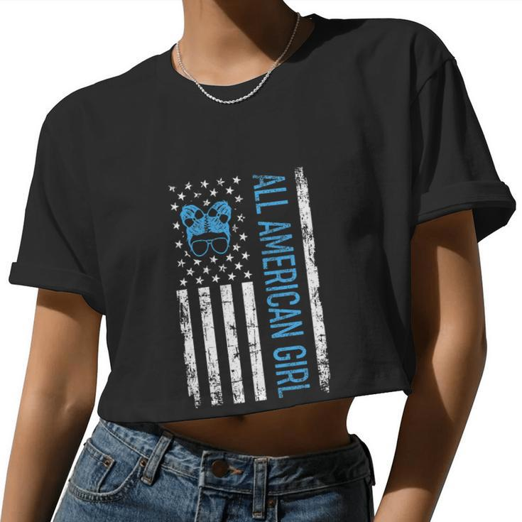 All American Girls 4Th Of July Shirt Daughter Messy Bun Usa Women Cropped T-shirt
