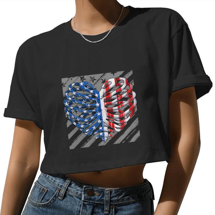 American Ribcage Heart Usa Flag 4Th Of July Women Cropped T-shirt