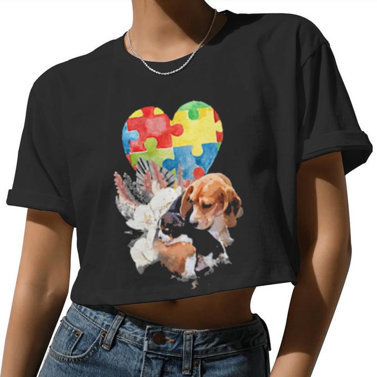 Autism Awareness Mommy Dog With Baby Puppy Puzzle Heart Love Shirt Women Cropped T-shirt