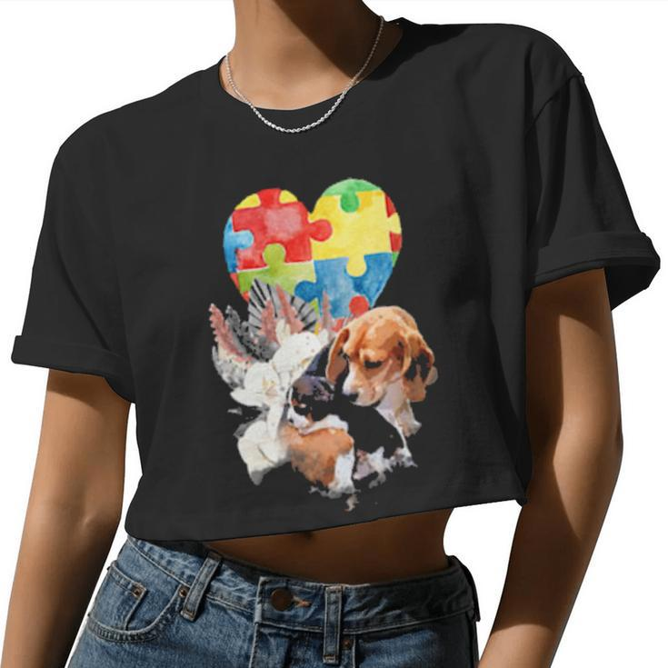 Autism Awareness Mommy Dog With Baby Puppy Puzzle Heart Love Women Cropped T-shirt