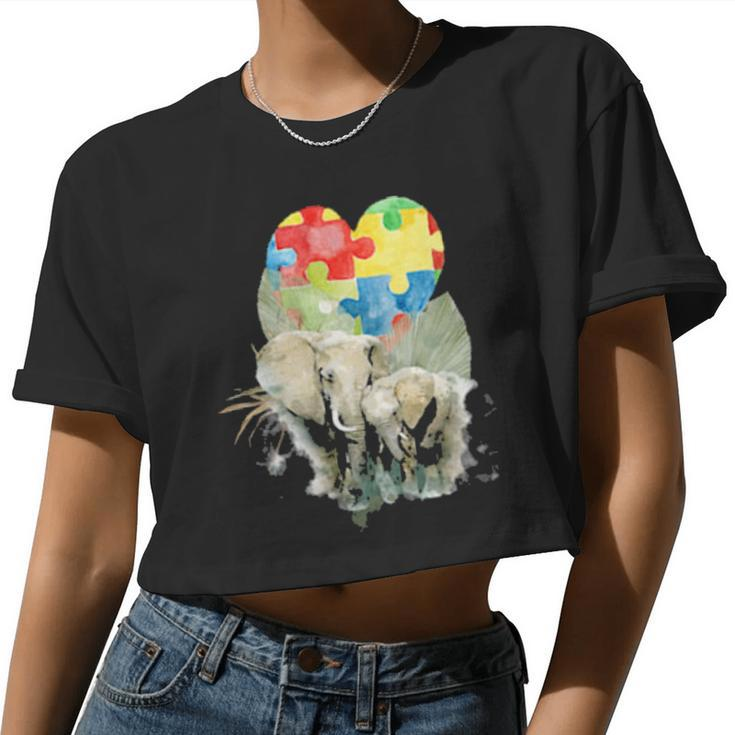 Autism Awareness Mommy Elephant With Baby Puzzle Heart Love Women Cropped T-shirt