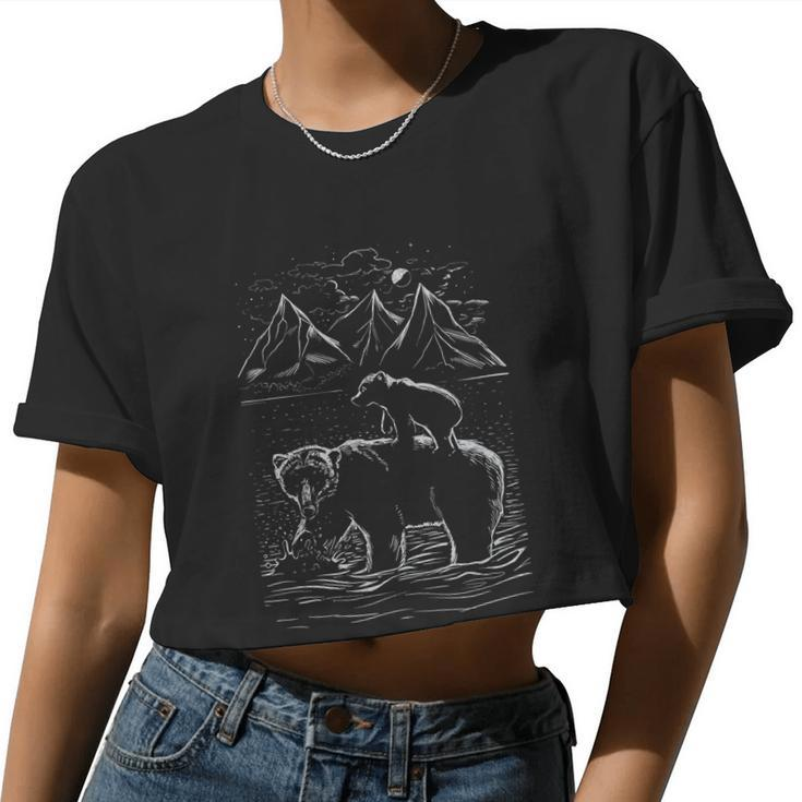 Bear Family In Nature Mountain Landscape Women Cropped T-shirt
