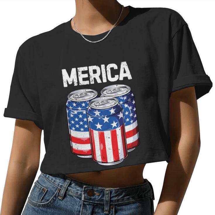 Beer American Flag 4Th Of July Merica Usa Men Women Drinking Women Cropped T-shirt