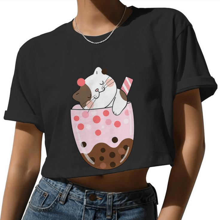 Boba Tea Cat Bubble Tea Kawaii Anime Japanese Girls Teenager Women Cropped T-shirt