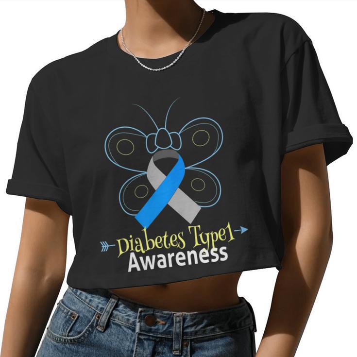 Butterfly Blue Ribbon Diabetes Type 1 Awareness Women Women Cropped T-shirt