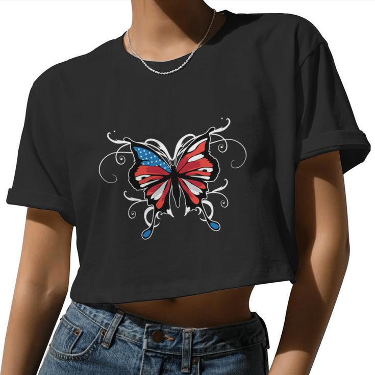 Butterfly Usa Flag Cute 4Th Of July American Girl Cool Women Cropped T-shirt