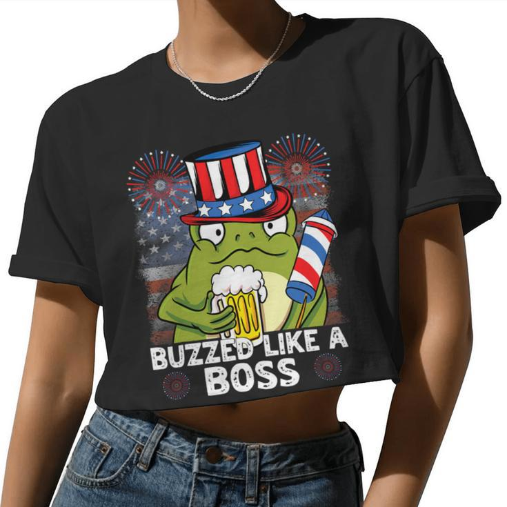 Buzzed Like A Boss 4Th Of July American Flag Frog Men Women Women Cropped T-shirt