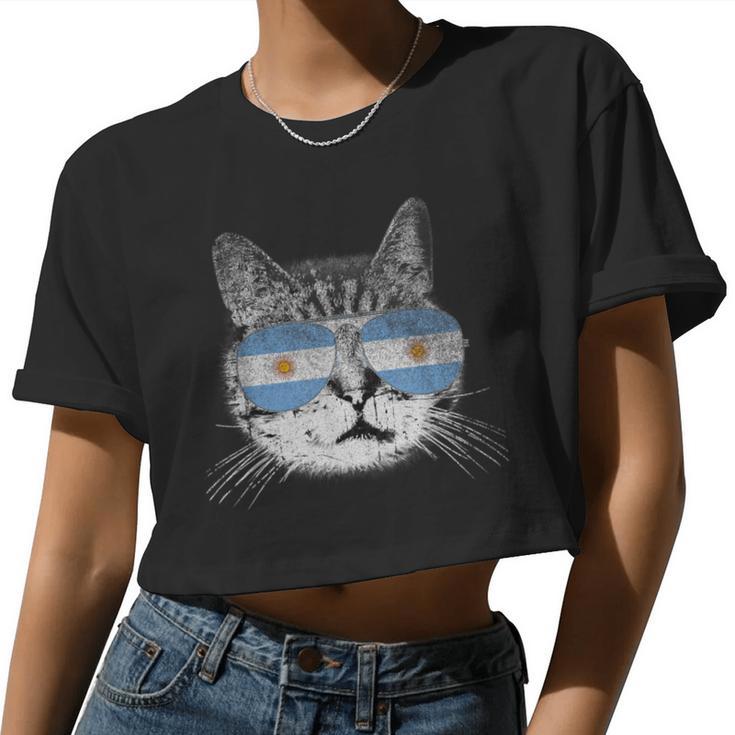 Cat Argentina Flag Country Retro Women Women Cropped T-shirt