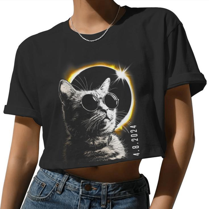 Cat Total Solar Eclipse 2024 Glasses April 8 Women Women Cropped T-shirt