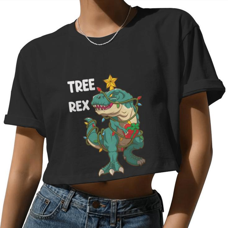 Christmas Dinosaur Tree Rex Pajamas Xmas Lights Women Cropped T-shirt