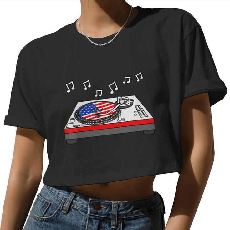 Cool Vinyl Record Us Flag 4Th Of July For Men Women Vinyl Turntable Women Cropped T-shirt