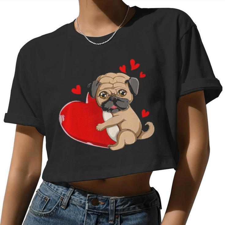 Cute Pug Valentines Day Holding Heart My Valentine Girl Women Cropped T-shirt