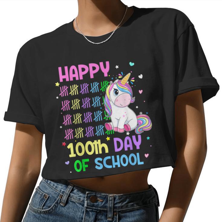 Cute Unicorn Happy 100Th Day Of School Unicorn Girls Teacher Women Cropped T-shirt