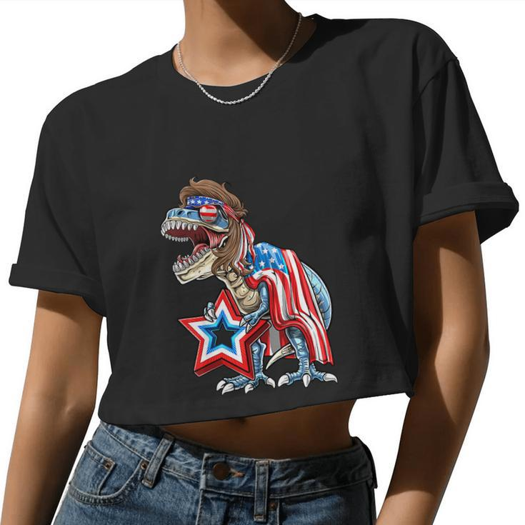 Dinosaur Trex Mullet 4Th Of July Usa American Flag Women Cropped T-shirt