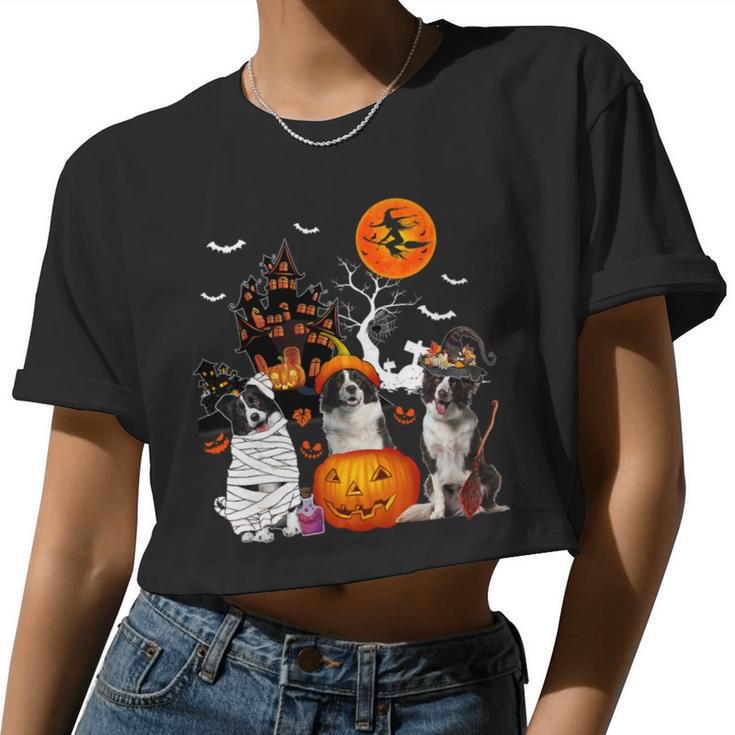 Dog Border Collie Three Border Collies Halloween Mummy Scary Witch Lover Owner Women Cropped T-shirt