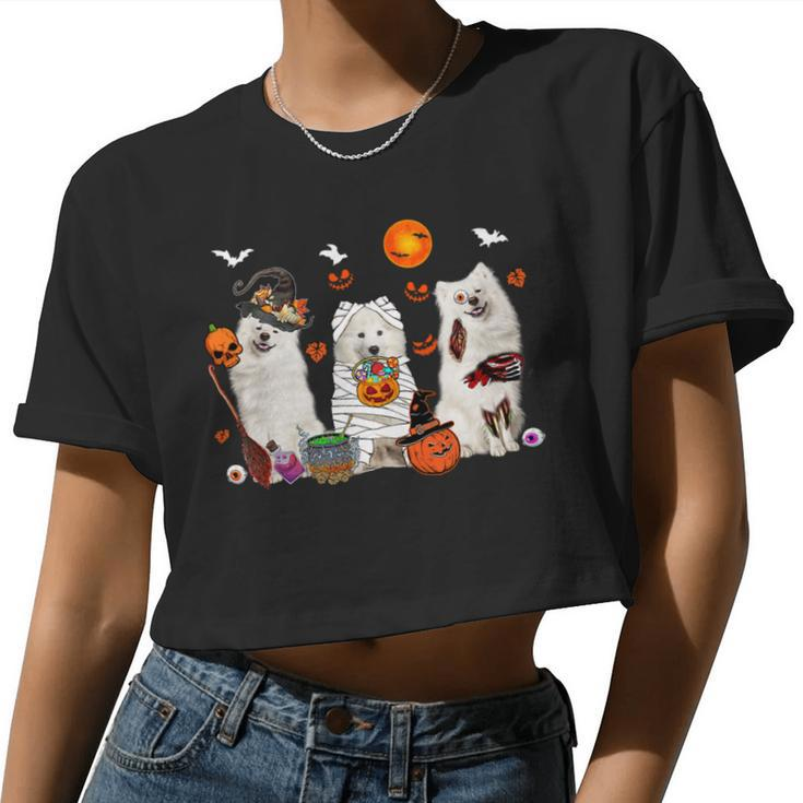 Dog Samoyed Three Samoyed Dogs Witch Scary Mummy Halloween Zombie Lover 2 Women Cropped T-shirt