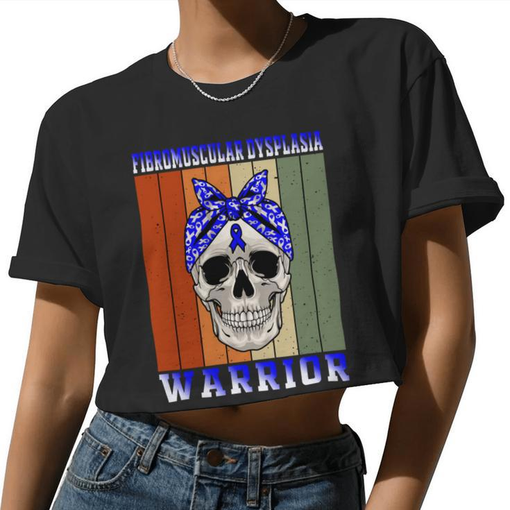 Fibromuscular Dysplasia Warrior Skull Women Vintage Blue Ribbon Fmd Fibromuscular Dysplasia Awareness Women Cropped T-shirt