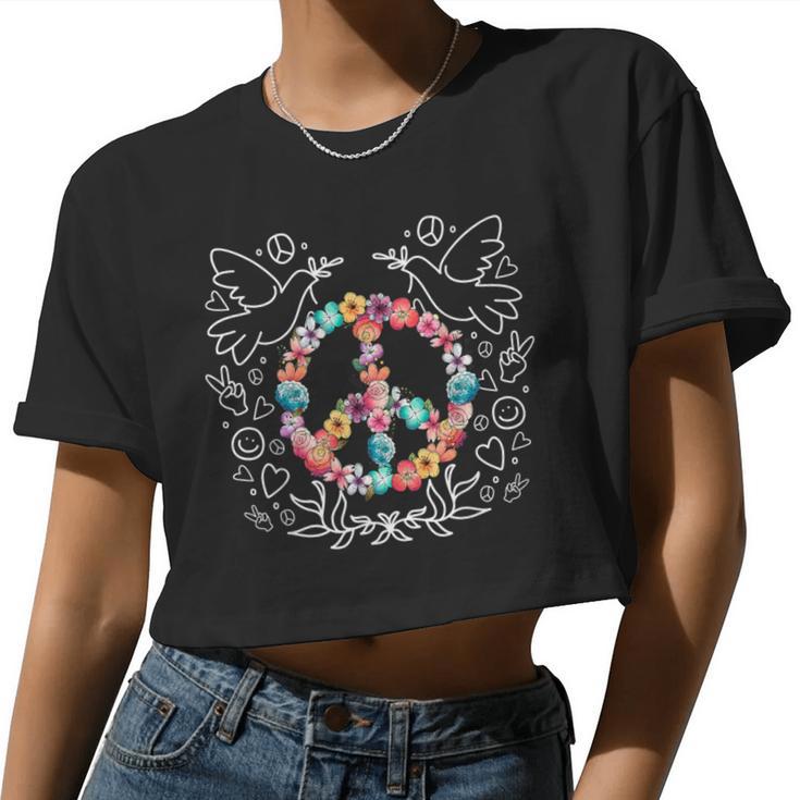 Floral Peace Sign Love 60S 70S Tie Die Hippie Costume Women Cropped T-shirt