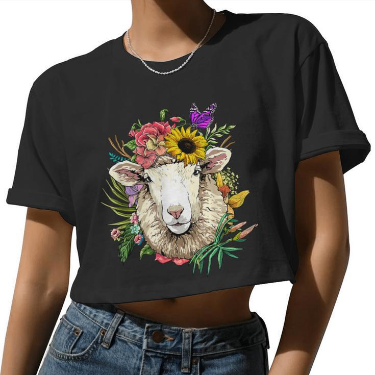 Floral Sheep Lamb Farm Animal Face Farmer Sheep Lover Women Cropped T-shirt