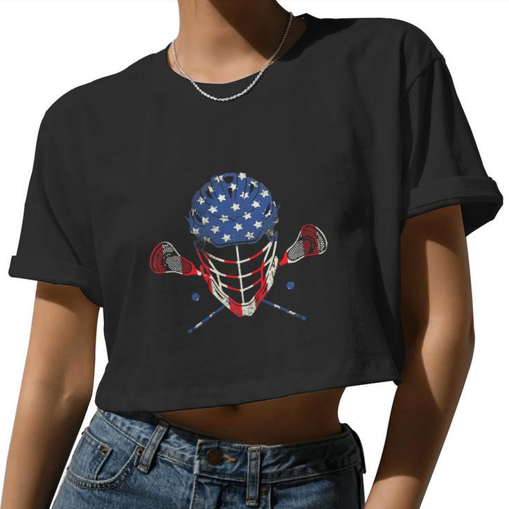 4Th Of July Lax Helmet Sticks American Flag Lacrosse Women Cropped T-shirt