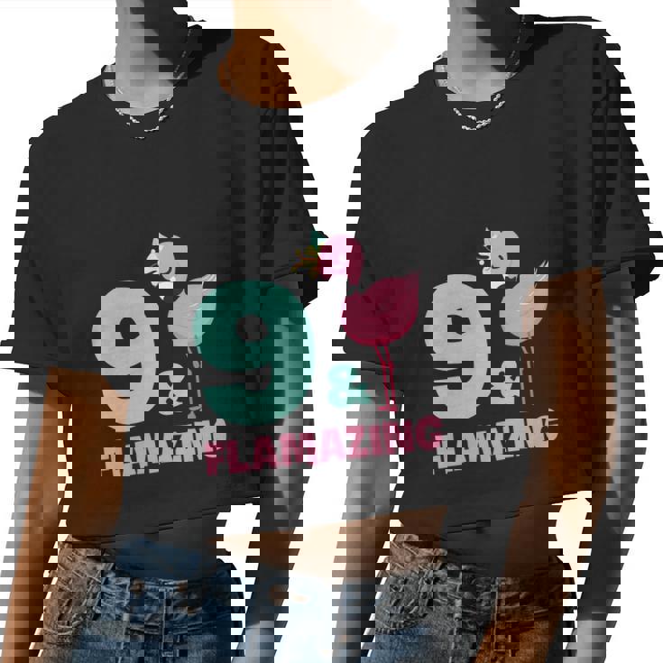 Flamingo Girl Birthday Party 9 Years Old Women Cropped T-shirt