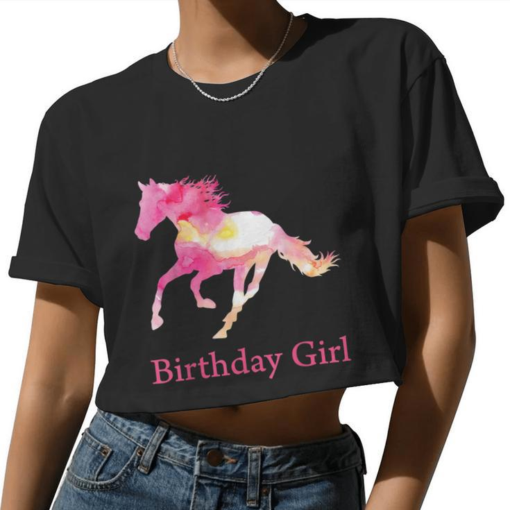 For Girls Kids Birthday Pink Watercolor Horse Women Cropped T-shirt
