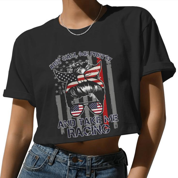 Girl American Flag Just Call Me Pretty And Take Me Racing Women Cropped T-shirt