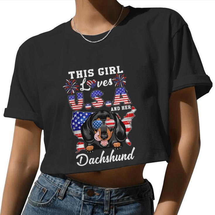 This Girl Loves Usa And Her Dog 4Th Of July Dachshund Dog Women Cropped T-shirt