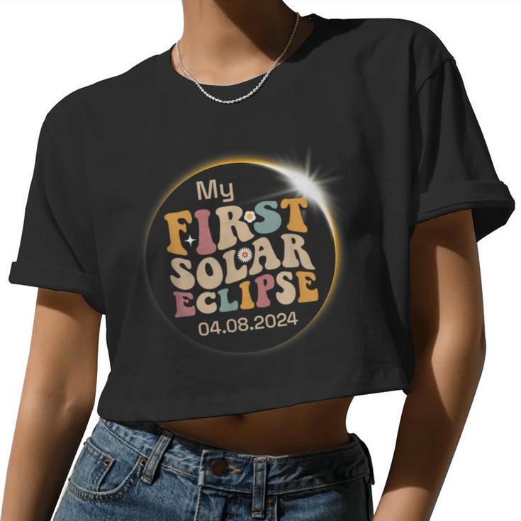 Groovy My First Solar Eclipse Boys Girls 2024 Solar Eclipse Women Cropped T-shirt