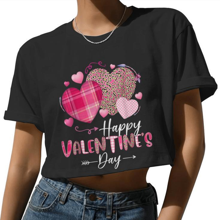 Happy Valentines Day Leopard And Plaid Hearts Girls Women Women Cropped T-shirt