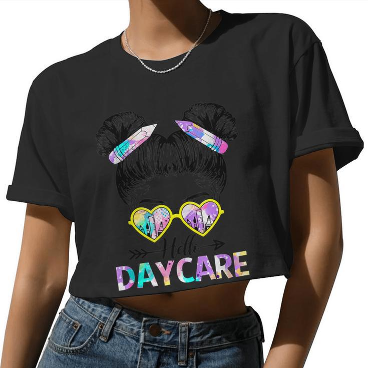 Hello Daycare Tie Dye Messy Bun Kids Back To School Women Cropped T-shirt