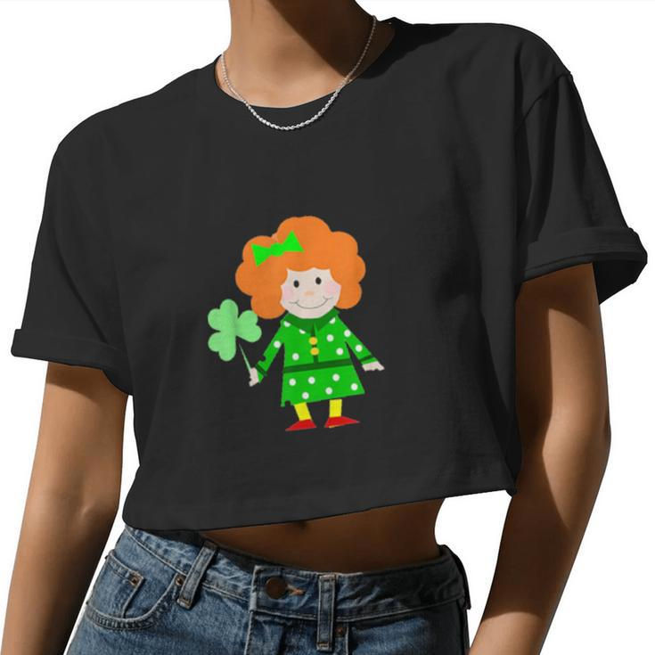 Irish Girl Holding A Shamrock For St Patricks Day Women Cropped T-shirt