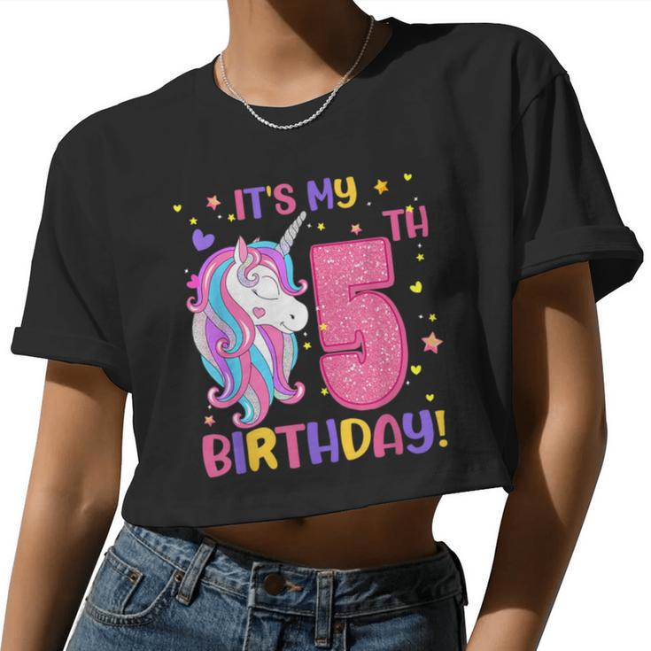 It's My 5Th Birthday Unicorn Girls 5 Year Old Women Cropped T-shirt