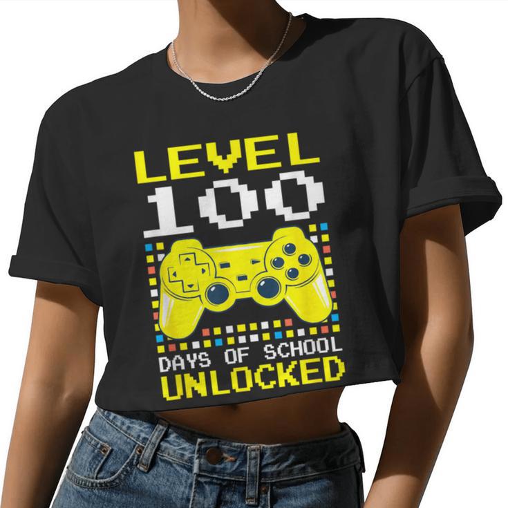 Level 100 Days Of School Unlocked Gamer Video Games Boy Girl Women Cropped T-shirt