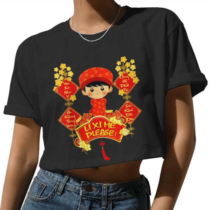 Li Xi Me Please Vietnamese Red Cute Ao Dai Boy Flowers Women Cropped T-shirt