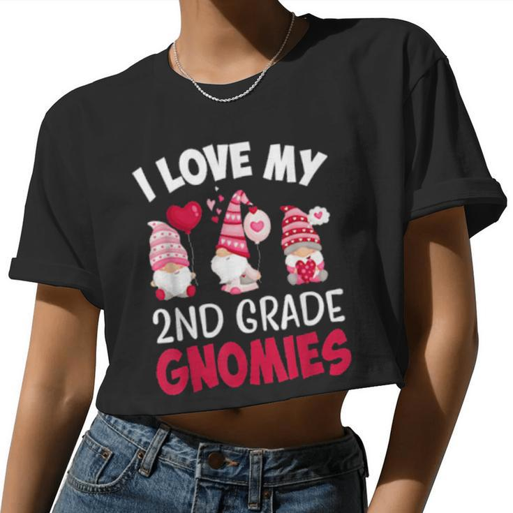 I Love My 2Nd Grade Gnomies Cute Valentines Day Teacher Women Cropped T-shirt