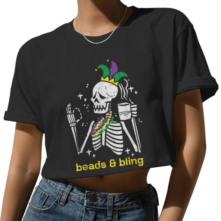 Mardi Gras Skeleton Beads Bling Outfit Women Women Cropped T-shirt