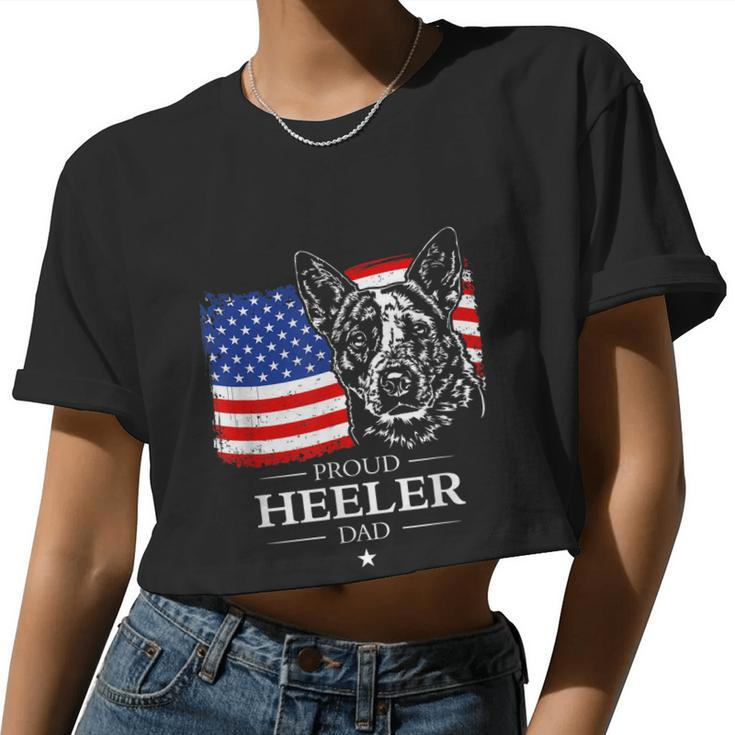 Mens Proud Cattle Dog Heeler Dad American Flag Patriotic Dog V2 Women Cropped T-shirt