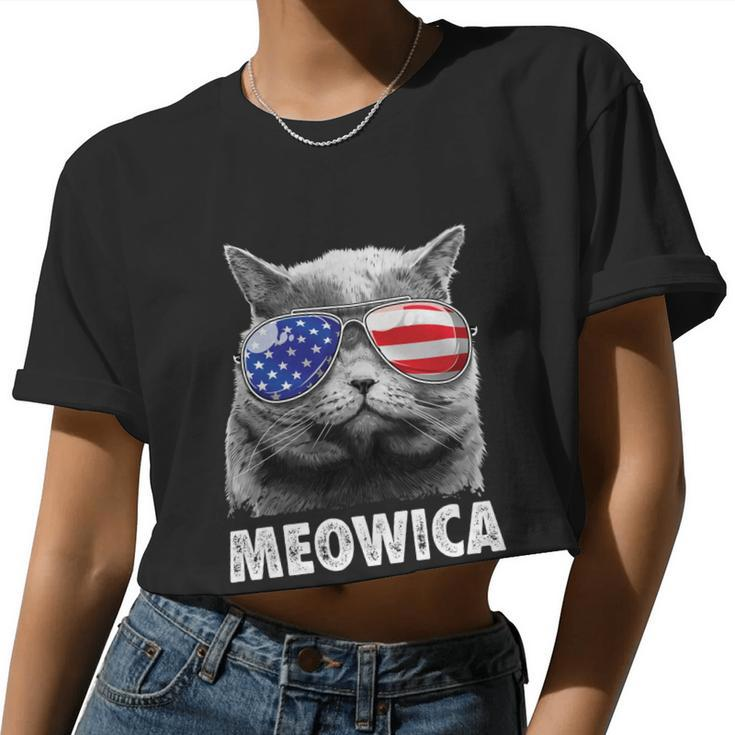 Meowica Cat 4Th Of July Merica Men Women Usa American Flag Women Cropped T-shirt