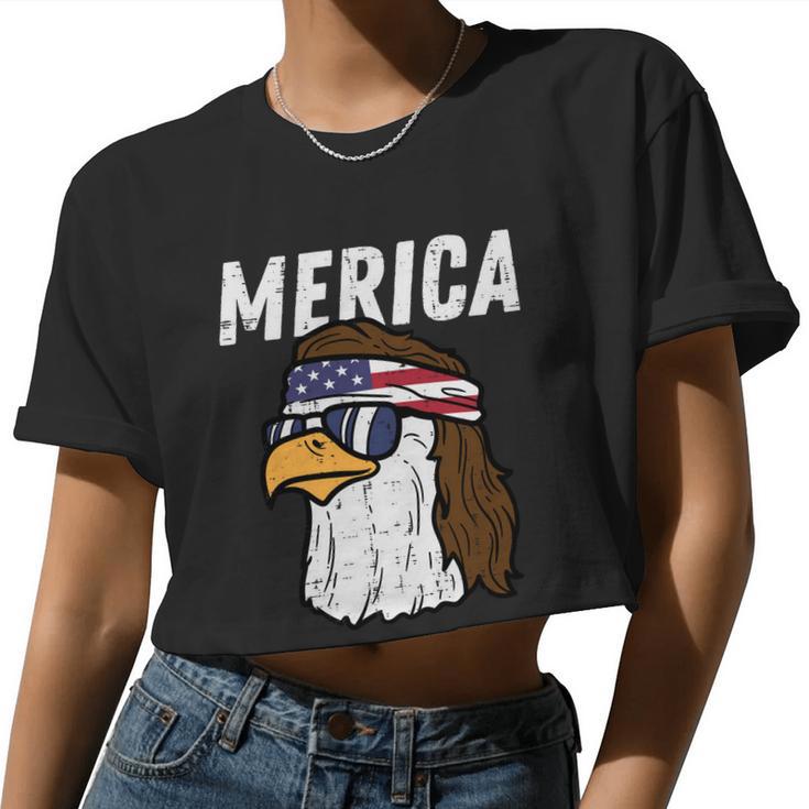 Merica Bald Eagle Mullet Sunglasses Fourth July 4Th Patriot Cool V2 Women Cropped T-shirt