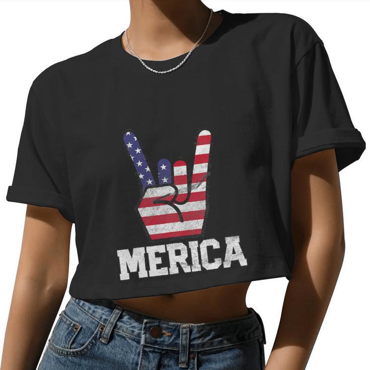 Merica Rock Sign 4Th Of July Vintage American Flag Women Cropped T-shirt