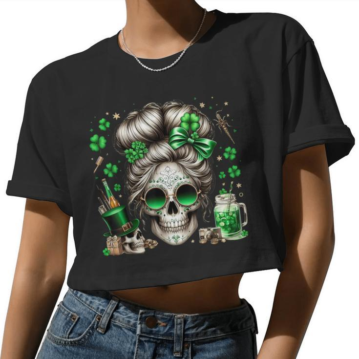 Messy Bun Skull Saint Paddys Day Irish Women Women Cropped T-shirt