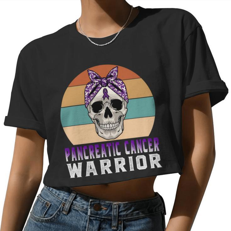 Pancreatic Cancer Warrior Skull Women Vintage Purple Ribbon Pancreatic Cancer Pancreatic Cancer Awareness Women Cropped T-shirt