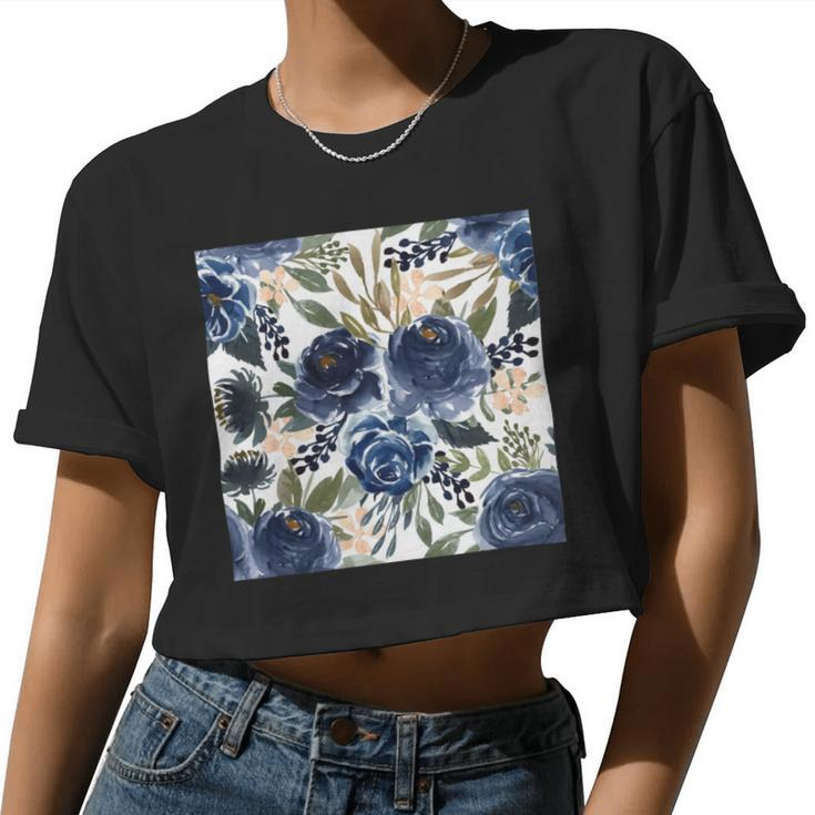 Pattern Watercolor Flower Navy Blue Women Cropped T-shirt
