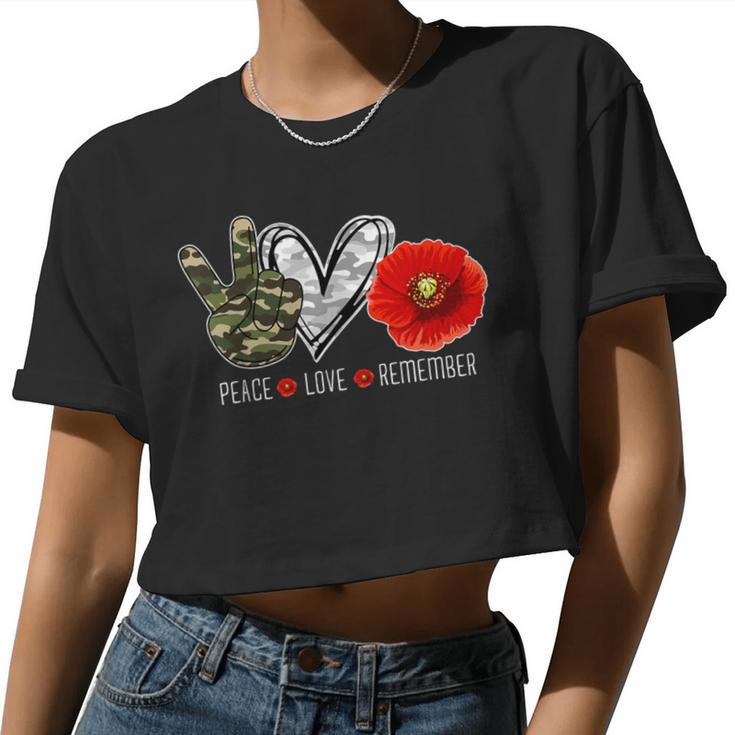 Peace Love Remember Soldier Veteran Day Red Poppy Flower Women Cropped T-shirt