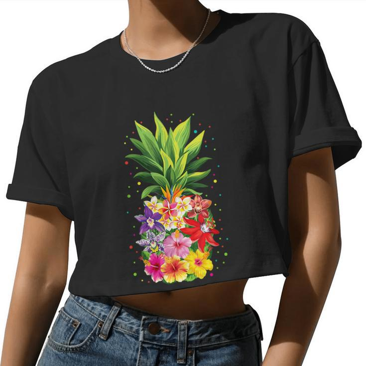 Pineapple Flowers Aloha Hawaii Vintage Hawaiian Floral Women Women Cropped T-shirt