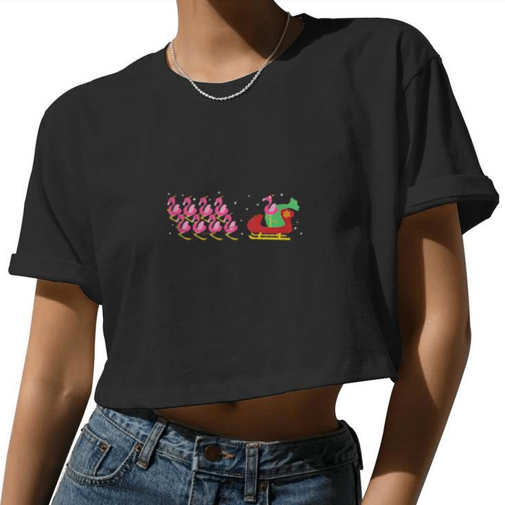 Pink Flamingo With Santa Claus Hat And Reindeer Sleigh Women Cropped T-shirt