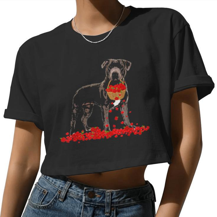 Pitbull Valentine's Day Dog Dad Dog Mom Flowers Women Cropped T-shirt