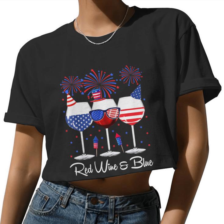 Red Wine & Blue 4Th Of July Wine Red White Blue Wine Glasses V4 Women Cropped T-shirt